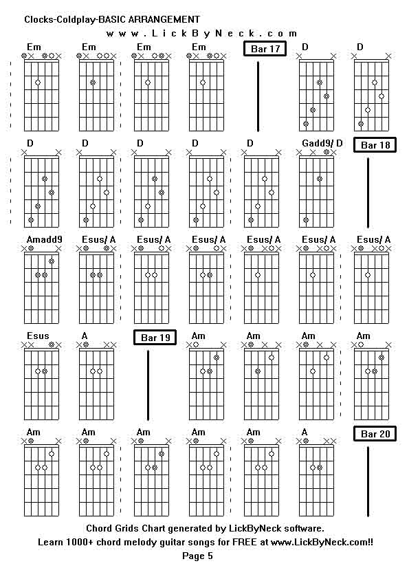 Chord Grids Chart of chord melody fingerstyle guitar song-Clocks-Coldplay-BASIC ARRANGEMENT,generated by LickByNeck software.